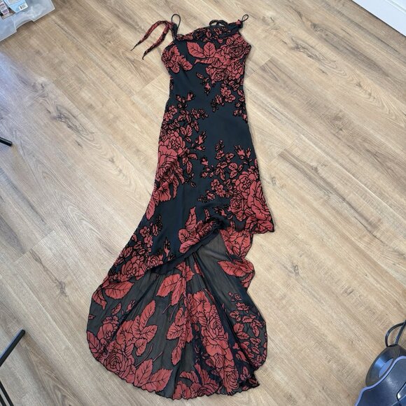 Cache Maxi Dress Dress Black Red Floral Asymmetrical Fairy Y2K Velvet Burnout 2 - Picture 9 of 10